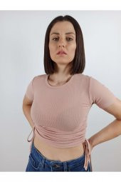 GO ON OUTFIT Kadın Pudra Yanları Büzelebilir Kısa Kollu Fitilli Crop T-Shirt GOON108 - 1