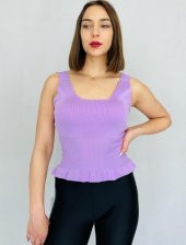 GO ON OUTFIT Kadın Lila Kare Yaka Fırfırlı Triko Bluz - 2