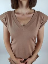 GO ON OUTFIT Kadın Kahverengi Vatkalı Yandan Ayarlanabilir  Büzgü V-Yaka Elbise GOON82 - 2