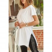 GO ON OUTFIT Kadın Yanları Yırtmaçlı Bisiklet Yaka Beyaz T-Shirt  GOON89 - 1