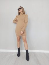 GO ON OUTFIT Kadın Balıkçı Yaka Balon Kol Bej Triko Elbise GOON103 - 1