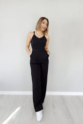 GO ON OUTFIT Kadın Arkası Dantelli Askılı Cepli Siyah Tulum GOON95 - 1