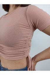 GO ON OUTFIT Kadın Pudra Yanları Büzelebilir Kısa Kollu Fitilli Crop T-Shirt GOON108 - 2