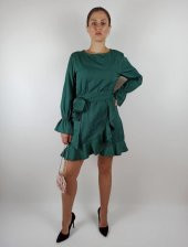 GO ON OUTFIT Kadın Yeşil Yuvarlak Yaka Kol Ucu Lastikli Kuşaklı Elbise GOON132 - 5