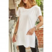 GO ON OUTFIT Kadın Yanları Yırtmaçlı Bisiklet Yaka Beyaz T-Shirt  GOON89 - 2