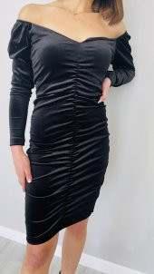 GO ON OUTFIT Kadın Siyah Kadife Kayık Yaka Önü Büzgü Detaylı Elbise GOON144 - 3