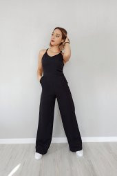 GO ON OUTFIT Kadın Arkası Dantelli Askılı Cepli Siyah Tulum GOON95 - 2