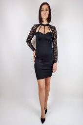 GO ON OUTFIT Kadın Göğüs Dekolteli Kolu Dantelli Mini Siyah Elbise - 1