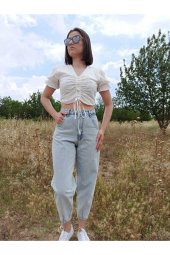 GO ON OUTFIT Kadın Beyaz Brode Kumaş Astarlı Karpuz Kol Detaylı V-Yaka Crop Büstiyer GOON104 - 3