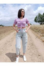 GO ON OUTFIT Kadın Lila Brode Kumaş Astarlı Karpuz Kol Detaylı V-Yaka Crop Büstiyer - 3