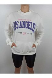 GO ON OUTFIT Kadın Los Angeles Baskılı Kanguru Cepli Kapşonlu Beyaz Sweatshirt GOON97 - 1
