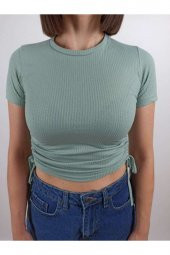 GO ON OUTFIT Kadın Suyeşili Yanları Büzelebilir Kısa Kollu Fitilli Crop T-Shirt GOON71 - 2