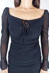 GO ON OUTFIT Kadın Siyah Kolu Tüllü Kayık Yaka Dekolteli Elbise GOON117 - 5