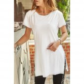 GO ON OUTFIT Kadın Yanları Yırtmaçlı Bisiklet Yaka Beyaz T-Shirt  GOON89 - 3