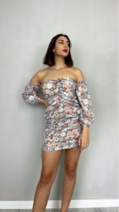 GO ON OUTFIT Kadın Çiçek Desen Önü Büzgülü Ve Kol Detaylı Flora Elbise GOON137 - 5