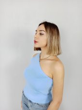 GO ON OUTFIT Kadın Bebe Mavisi Tek Omuz Kolsuz Triko Bluz GOON69 - 1