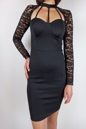 GO ON OUTFIT Kadın Göğüs Dekolteli Kolu Dantelli Mini Siyah Elbise - 2