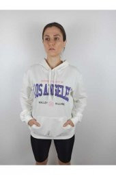 GO ON OUTFIT Kadın Los Angeles Baskılı Kanguru Cepli Kapşonlu Beyaz Sweatshirt GOON97 - 2