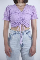 GO ON OUTFIT Kadın Lila Brode Kumaş Astarlı Karpuz Kol Detaylı V-Yaka Crop Büstiyer - 4