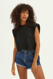 GO ON OUTFIT Kadın Vatkalı Crop T-Shirt Siyah GOON110 - 5