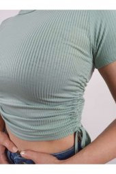 GO ON OUTFIT Kadın Suyeşili Yanları Büzelebilir Kısa Kollu Fitilli Crop T-Shirt GOON71 - 3