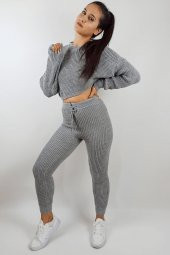 GO ON OUTFIT Kadın Gri Örgü Detaylı Triko Alt-Üst Takım GOON114 - 1