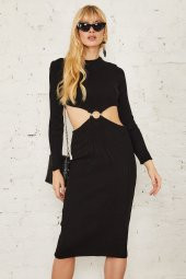GO ON OUTFIT Kadın Bel Halka Detaylı Siyah Triko Standart Elbise GOON115 - 5