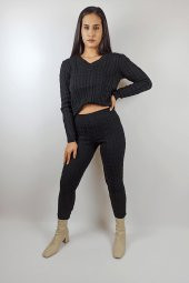 GO ON OUTFIT Kadın Siyah Örgü Detaylı Triko Alt-Üst Takım GOON113 - 1