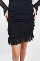 GO ON OUTFIT Kadın Siyah Kolu Tüllü Kayık Yaka Dekolteli Elbise GOON117 - 6