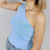 GO ON OUTFIT Kadın Bebe Mavisi Tek Omuz Kolsuz Triko Bluz GOON69 - 2