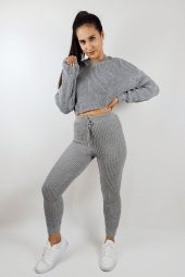 GO ON OUTFIT Kadın Gri Örgü Detaylı Triko Alt-Üst Takım GOON114 - 2