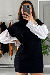 GO ON OUTFIT Kadın Siyah Gömlek Kol Boğazlı Örgü Desen Triko Elbise GOON72 - 1