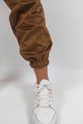 GO ON OUTFIT Kadın Kahverengi Fitilli Kadife Kumaşlı Cepli Lastikli Paça Pantolon GOON146 - 3