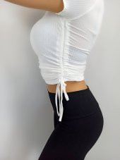 GO ON OUTFIT Kadın Beyaz Yanları Büzelebilir Kısa Kollu Fitilli Crop T-Shirt GOON85 - 3