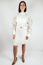 GO ON OUTFIT Kadın Puantiyeli Tül Kol Detay Triko Abiye Elbise - 1