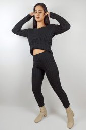 GO ON OUTFIT Kadın Siyah Örgü Detaylı Triko Alt-Üst Takım GOON113 - 2