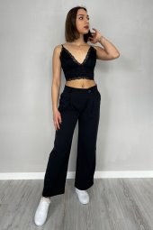 GO ON OUTFIT Kadın Siyah Rengi Çapraz Patlı Palazzo Kumaş Pantolon - 1