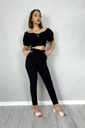 GO ON OUTFIT Kadın  Arka Gipeli Kayık Yaka Crop Üst Ve Beli Büzgülü Pantolon Siyah Takım GOON77 - 3