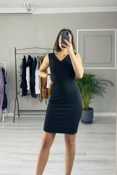 GO ON OUTFIT Kadın Siyah Sıfır Kol V Yaka  Elbise GOON76 - 3