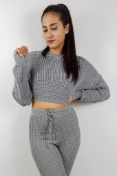 GO ON OUTFIT Kadın Gri Örgü Detaylı Triko Alt-Üst Takım GOON114 - 3