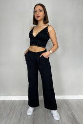 GO ON OUTFIT Kadın Siyah Rengi Çapraz Patlı Palazzo Kumaş Pantolon - 2