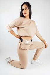 GO ON OUTFIT Kadın Pudra Rengi Bel Çantalı Paçası Lastikli Eşofman Takımı - 3