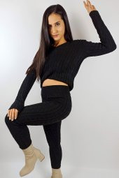 GO ON OUTFIT Kadın Siyah Örgü Detaylı Triko Alt-Üst Takım GOON113 - 3
