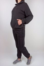 GO ON OUTFIT Kadın Kanguru Cepli Kapşonlu Siyah Sweatshirt - 3