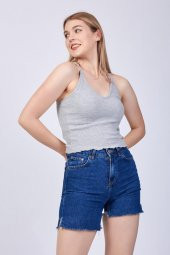 Kadın Gri Askılı Sırt Detaylı Crop Bluz GOON35 - 1