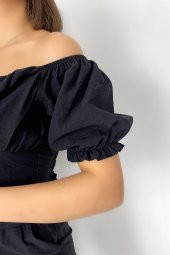 GO ON OUTFIT Kadın  Arka Gipeli Kayık Yaka Crop Üst Ve Beli Büzgülü Pantolon Siyah Takım GOON77 - 4