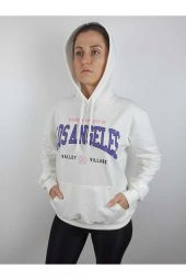 GO ON OUTFIT Kadın Los Angeles Baskılı Kanguru Cepli Kapşonlu Beyaz Sweatshirt GOON97 - 6