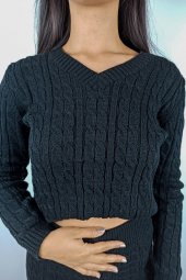 GO ON OUTFIT Kadın Siyah Örgü Detaylı Triko Alt-Üst Takım GOON113 - 4