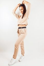 GO ON OUTFIT Kadın Pudra Rengi Bel Çantalı Paçası Lastikli Eşofman Takımı - 4