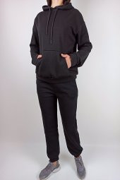 GO ON OUTFIT Kadın Kanguru Cepli Kapşonlu Siyah Sweatshirt - 4